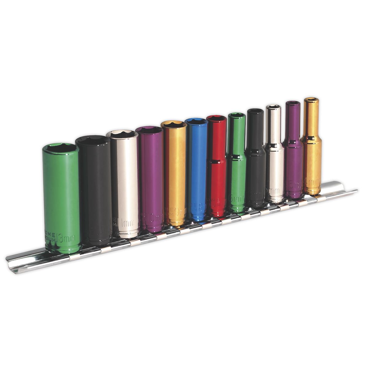 Sealey Metric Multi Coloured Socket Set 12pc 1/4"Sq Drive 6pt Deep AK282D