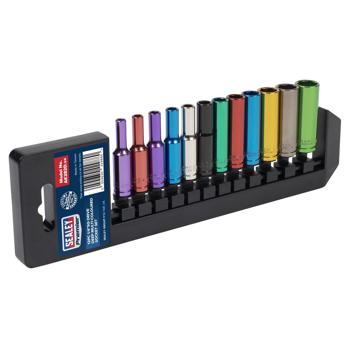Sealey Metric Multi Coloured Socket Set 12pc 1/4"Sq Drive 6pt Deep AK282D