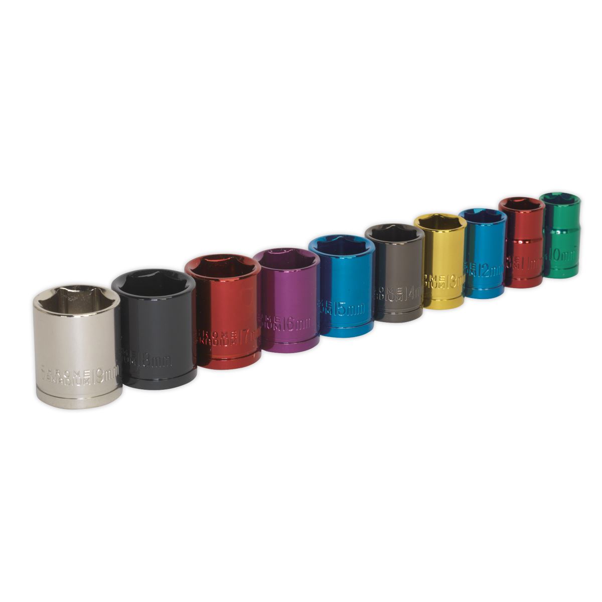 Sealey Metric Multi Coloured Socket Set 10pc 3/8"Sq Drive 6pt Standard AK285