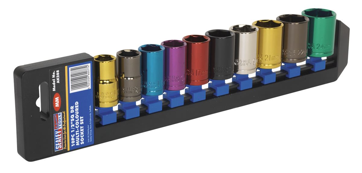 Sealey Metric Multi Coloured Socket Set 10pc 1/2"Sq Drive 6pt Standard AK288