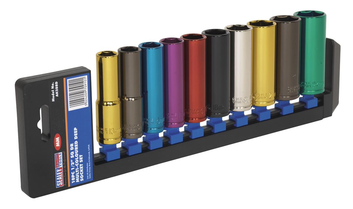 Sealey Metric Multi Coloured Socket Set 10pc 1/2"Sq Drive 6pt Deep AK288D