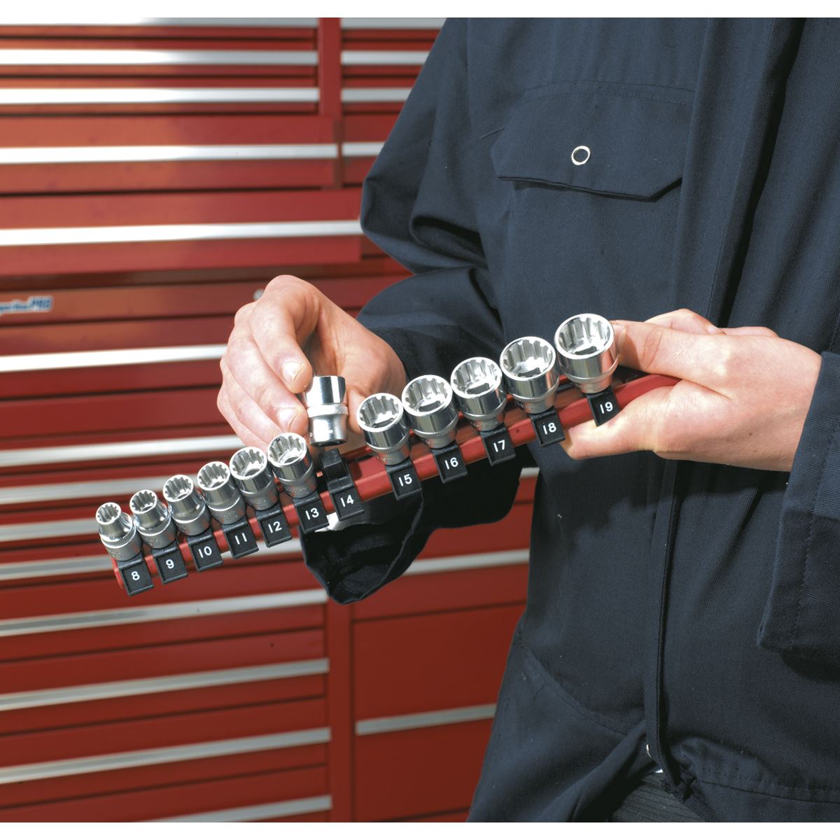 Sealey 3/8"Sq Drive Socket Retaining Rail with 12 Clips Composite AK3812