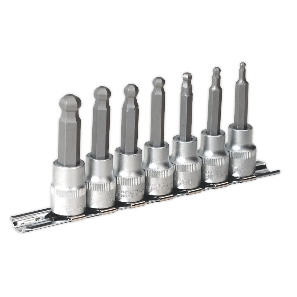Sealey Ball-End Hex Socket Bit Set 7pc Metric 3/8"Sq Drive 62mm AK621