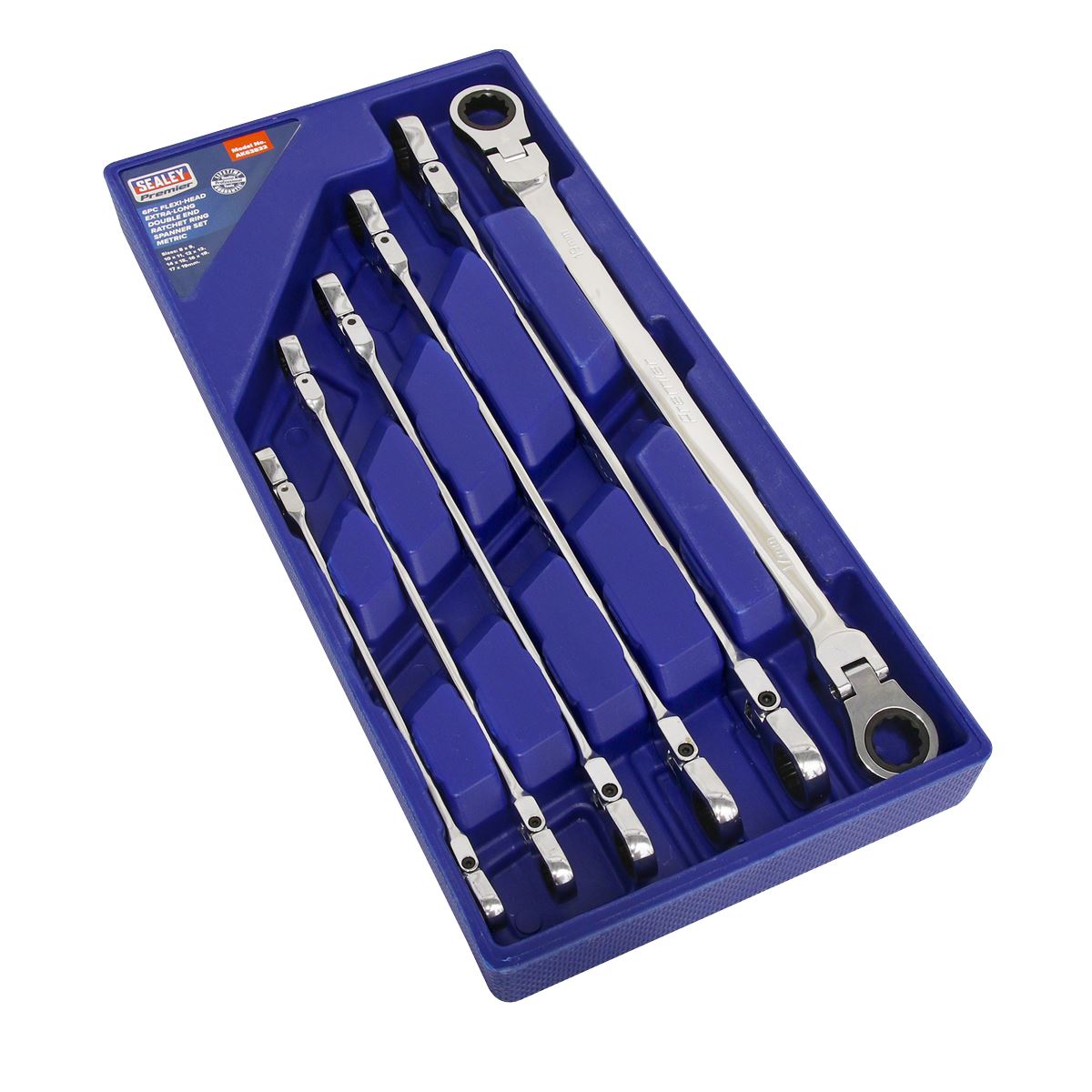 Sealey Flexi-Head Double End Ratchet Ring Spanner Set 6pc Extra-Long Metric AK63832