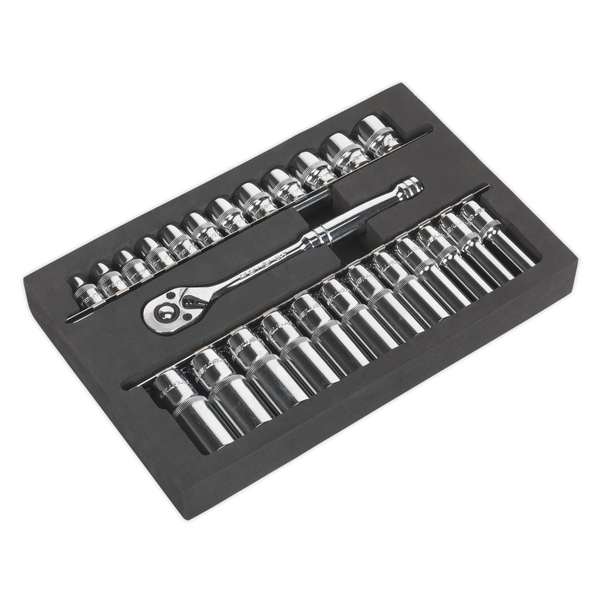 Sealey Metric Ratchet Wrench & Socket Set 25pc 3/8"D Deep And Shallow AK66722