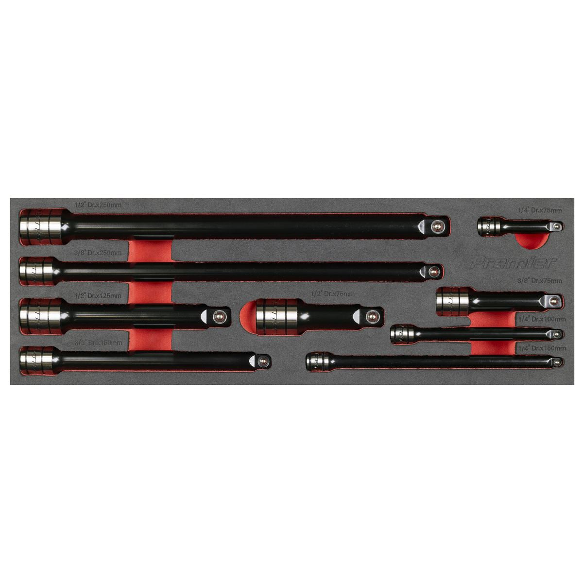 Sealey Black Wobble Rigid Extension Bar Set 1/4" 3/8" 1/2"D 9pc EVA TRAY AK7693