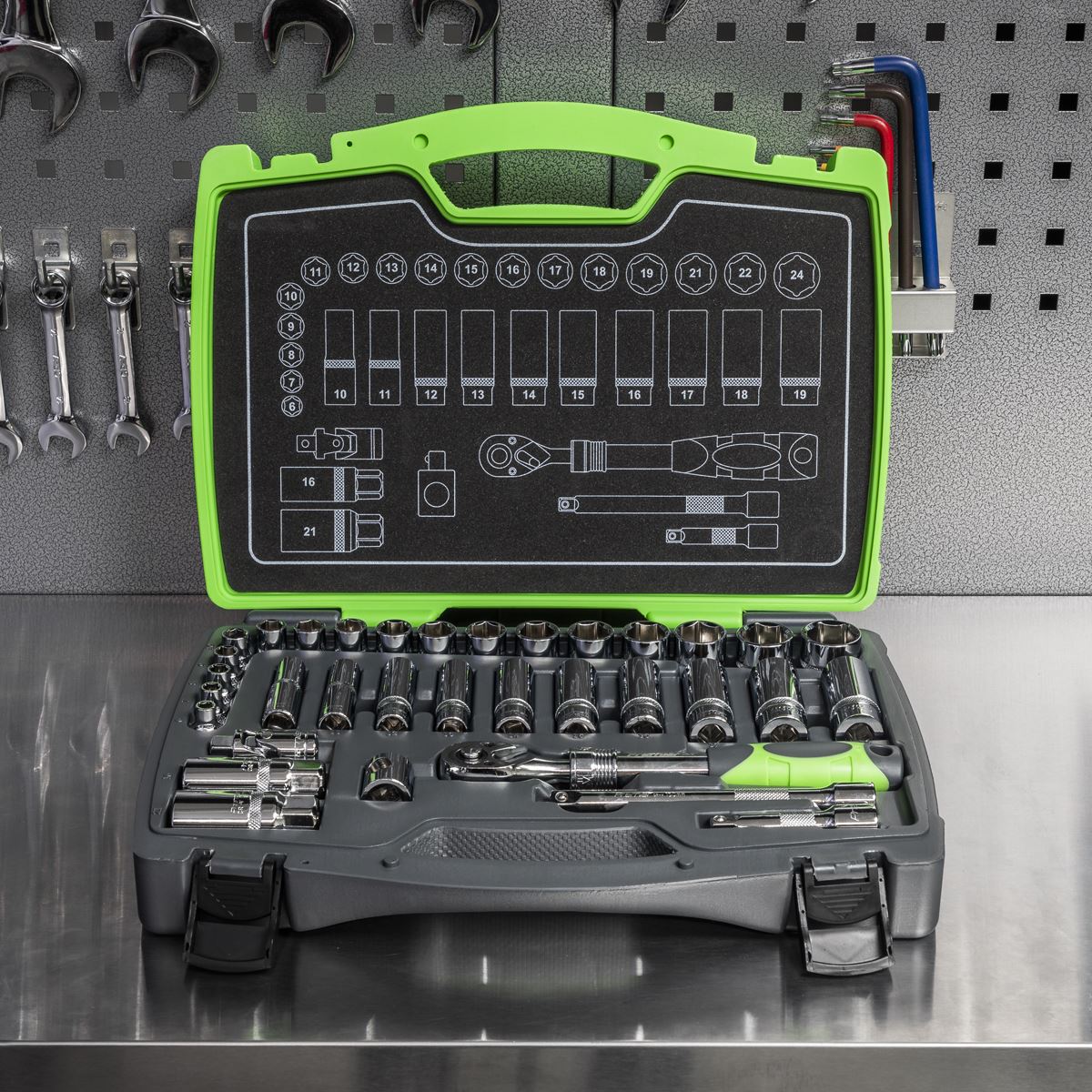Sealey Metric Socket Set 34pc 3/8"D Deep And Shallow Single Hex AK7960