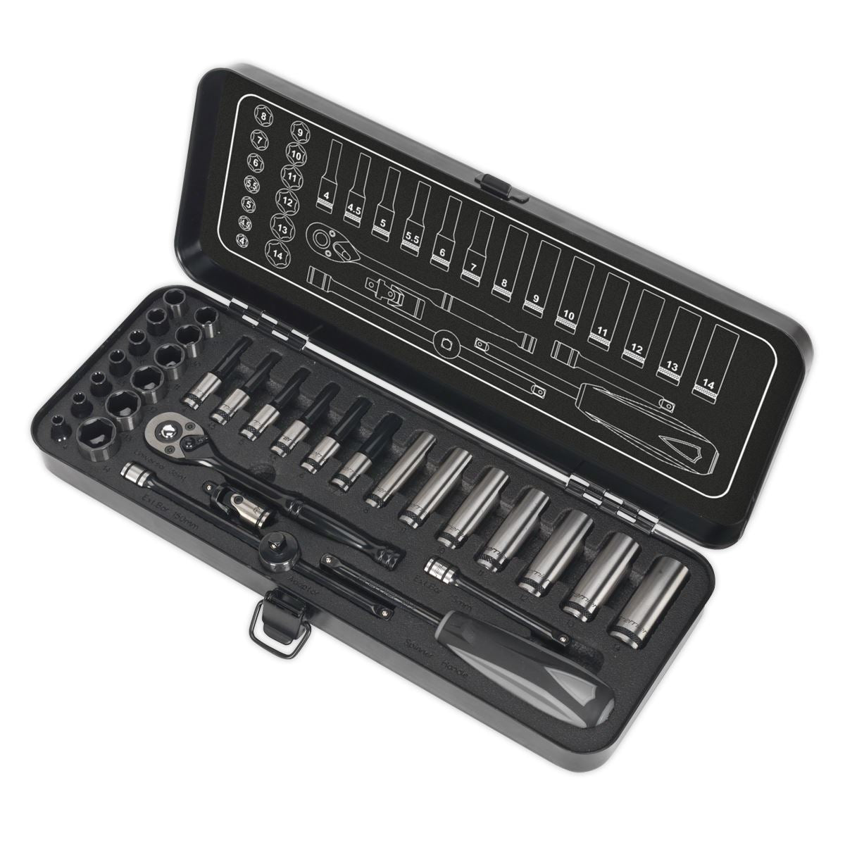 Sealey Socket Set 32pc 1/4"Sq Drive 6pt WallDrive® Metric Black Series AK7970