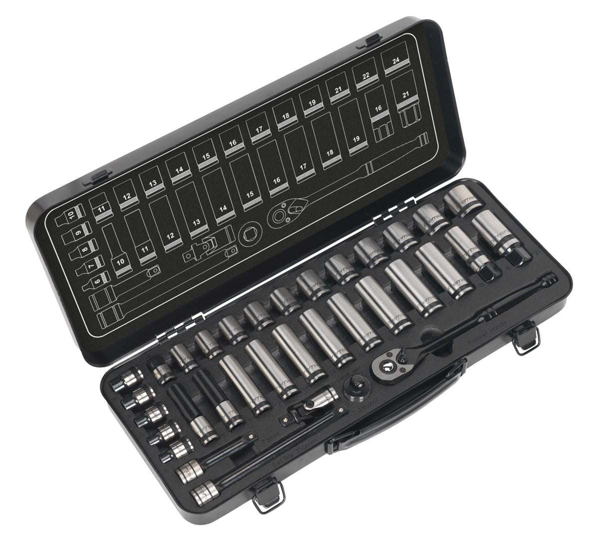 Metric Socket Set 34pc 3/8"D WallDrive Black Series Single Hex Sealey AK7971