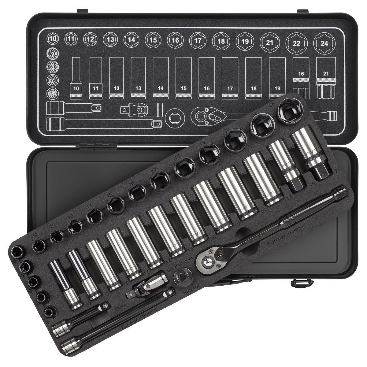Metric Socket Set 34pc 3/8"D WallDrive Black Series Single Hex Sealey AK7971