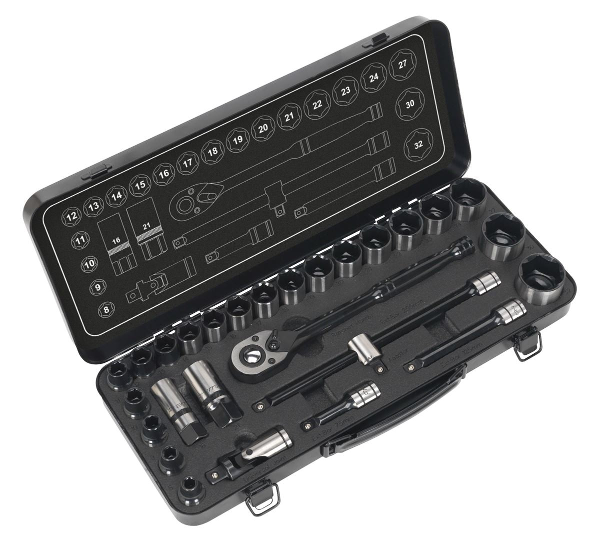 Socket Set 28pc 1/2"D 6pt WallDrive Metric Black Series Boxed Sealey AK7972