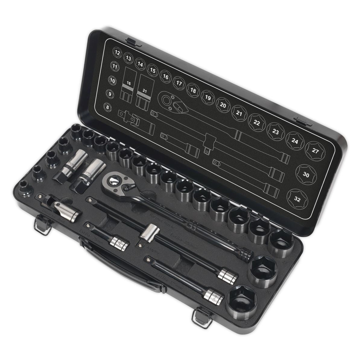 Socket Set 28pc 1/2"D 6pt WallDrive Metric Black Series Boxed Sealey AK7972