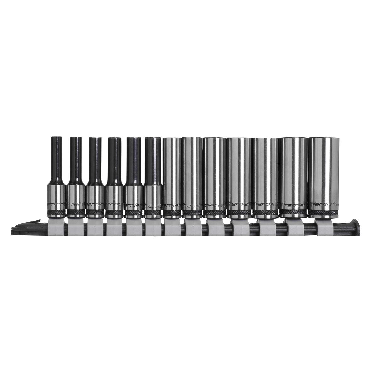Metric Socket Set Deep 13pc 1/4"D Black Series Single Hex Sealey Railed AK7991