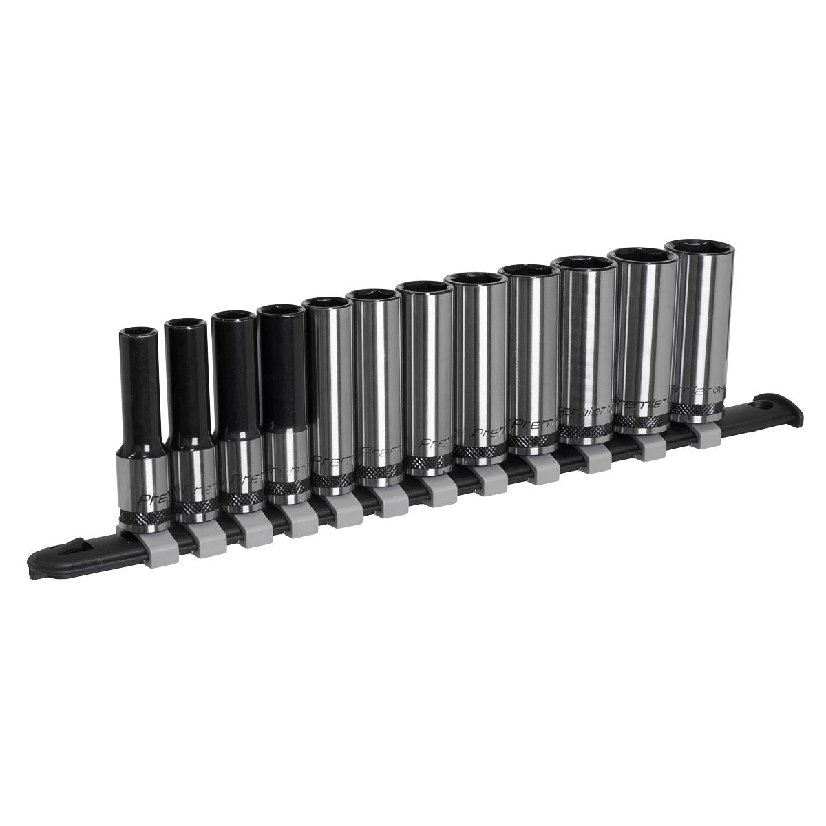 Metric Socket Set Deep 12pc 3/8"D Black Series Single Hex Railed Sealey AK7993