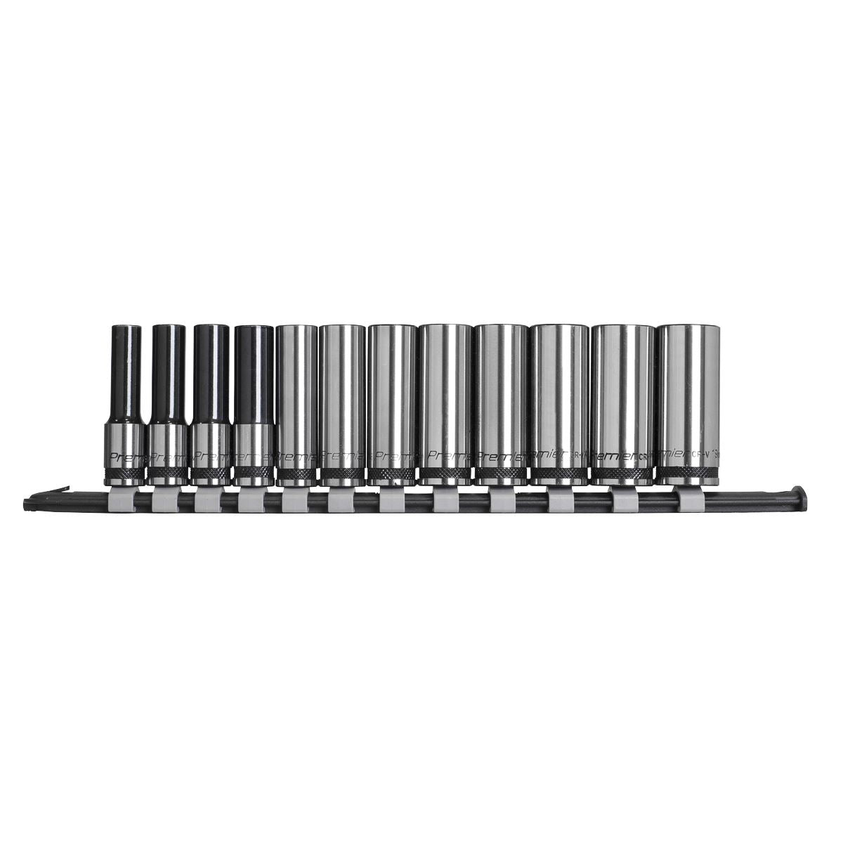 Metric Socket Set Deep 12pc 3/8"D Black Series Single Hex Railed Sealey AK7993