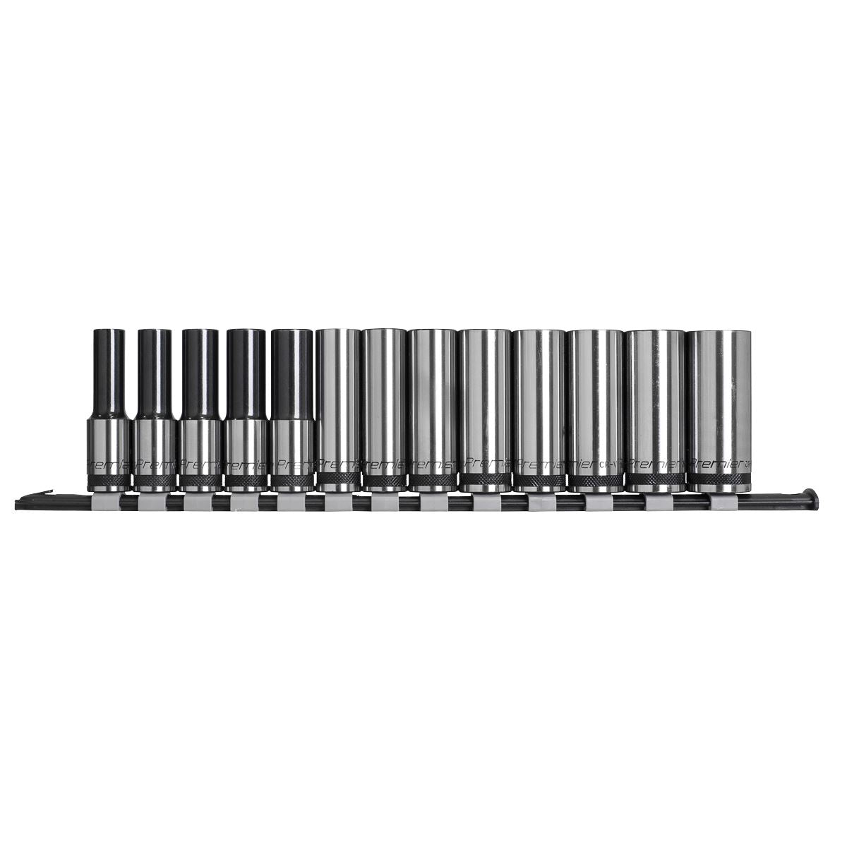 Metric Socket Set Deep 13pc 1/2"D Black Series Single Hex Sealey Railed AK7995