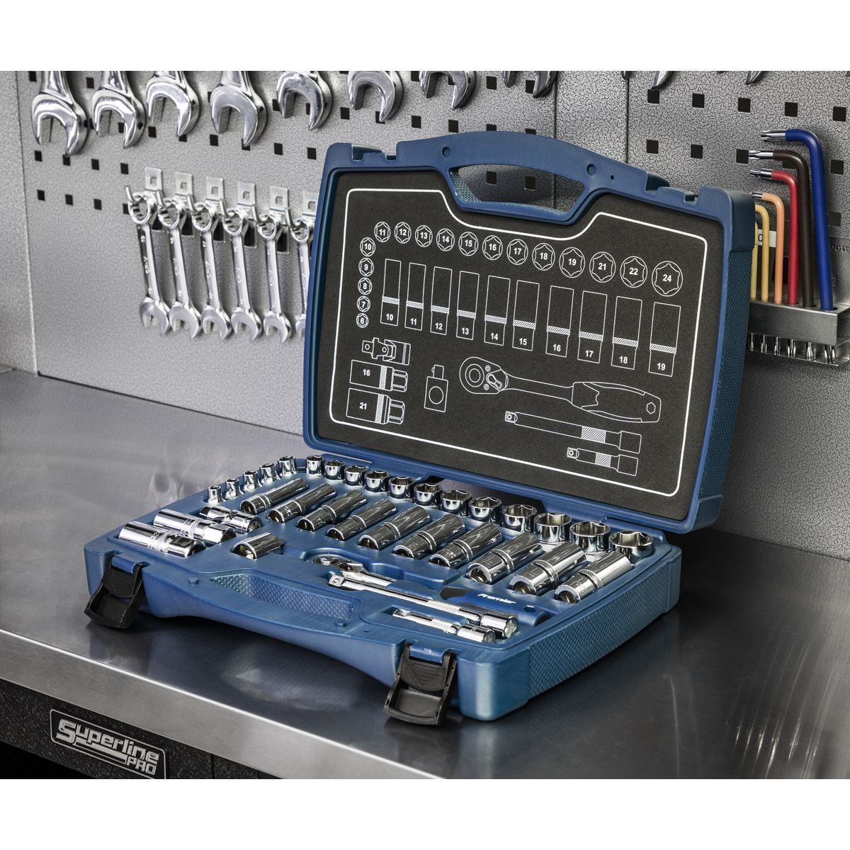 Metric Socket Set 34pc 3/8"D 6pt WallDrive Standard And Deep Sealey AK8991
