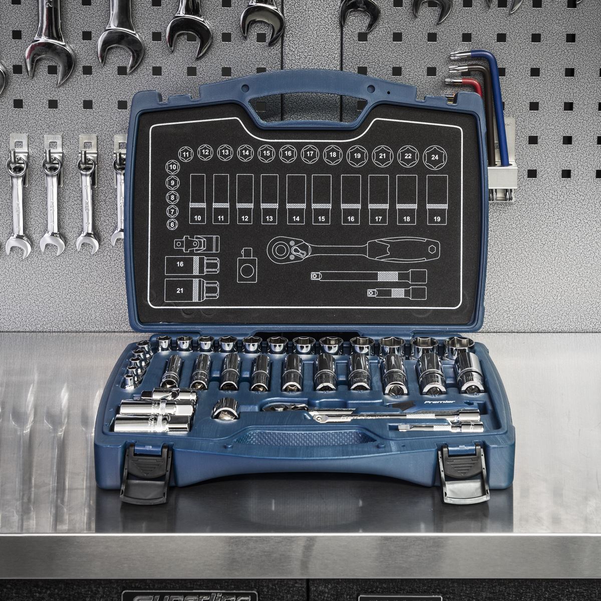Metric Socket Set 34pc 3/8"D 6pt WallDrive Standard And Deep Sealey AK8991