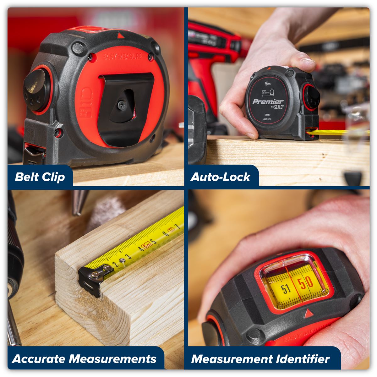 Sealey Premier Window View Tape Measure 5m x 19mm ABS Body Belt Clip AK9852