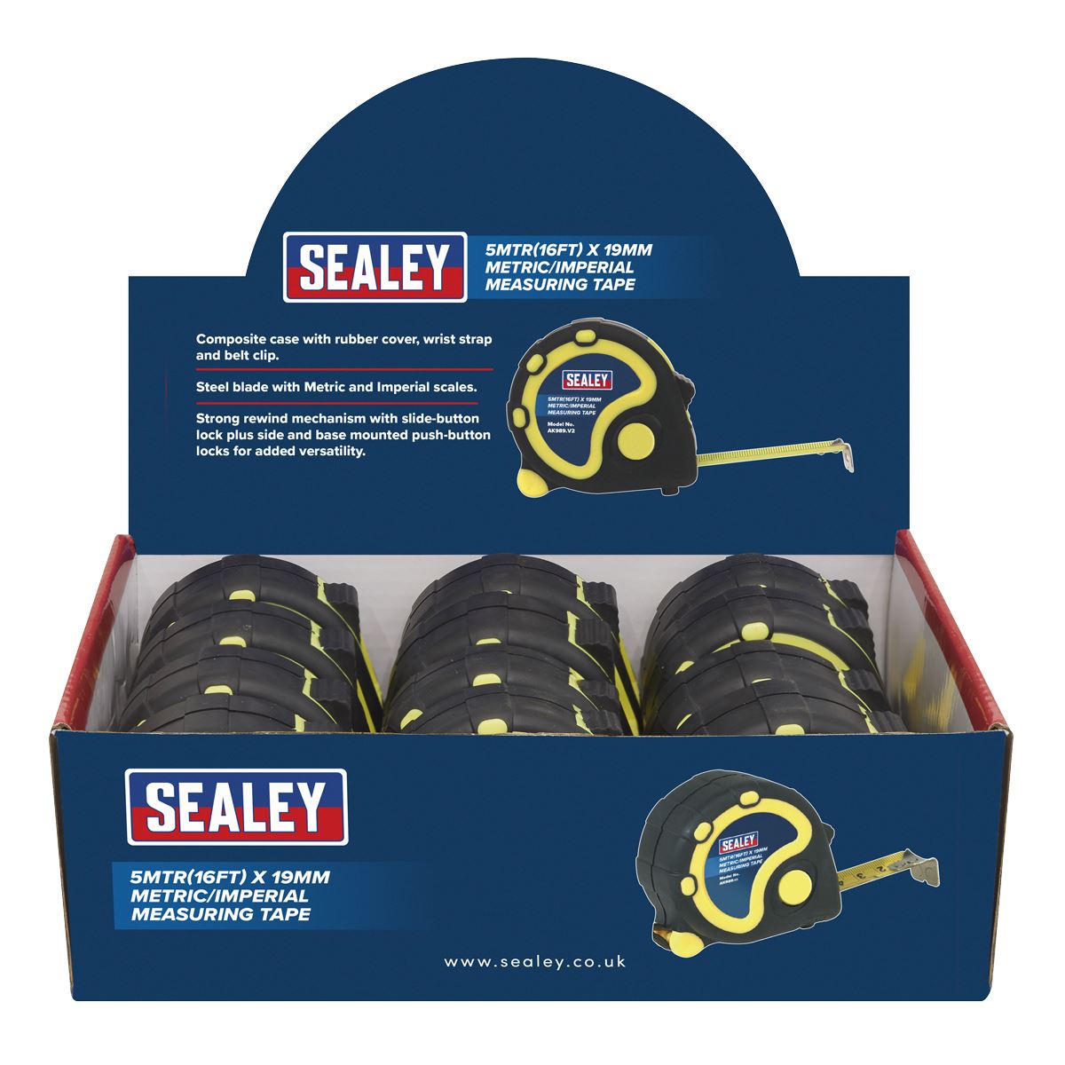 Sealey Rubber Tape Measure 5m(16ft) x 19mm Metric/Imperial Display Box of 12 AK98912
