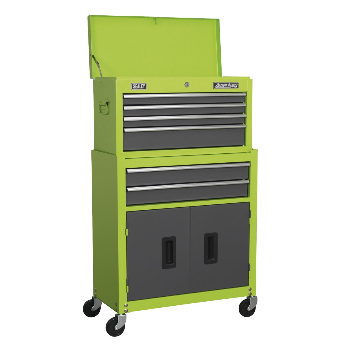 Sealey Topchest & Rollcab Combination 6 Drawer with Ball-Bearing Slides - Hi-Vis Green/Grey AP2200BBHV