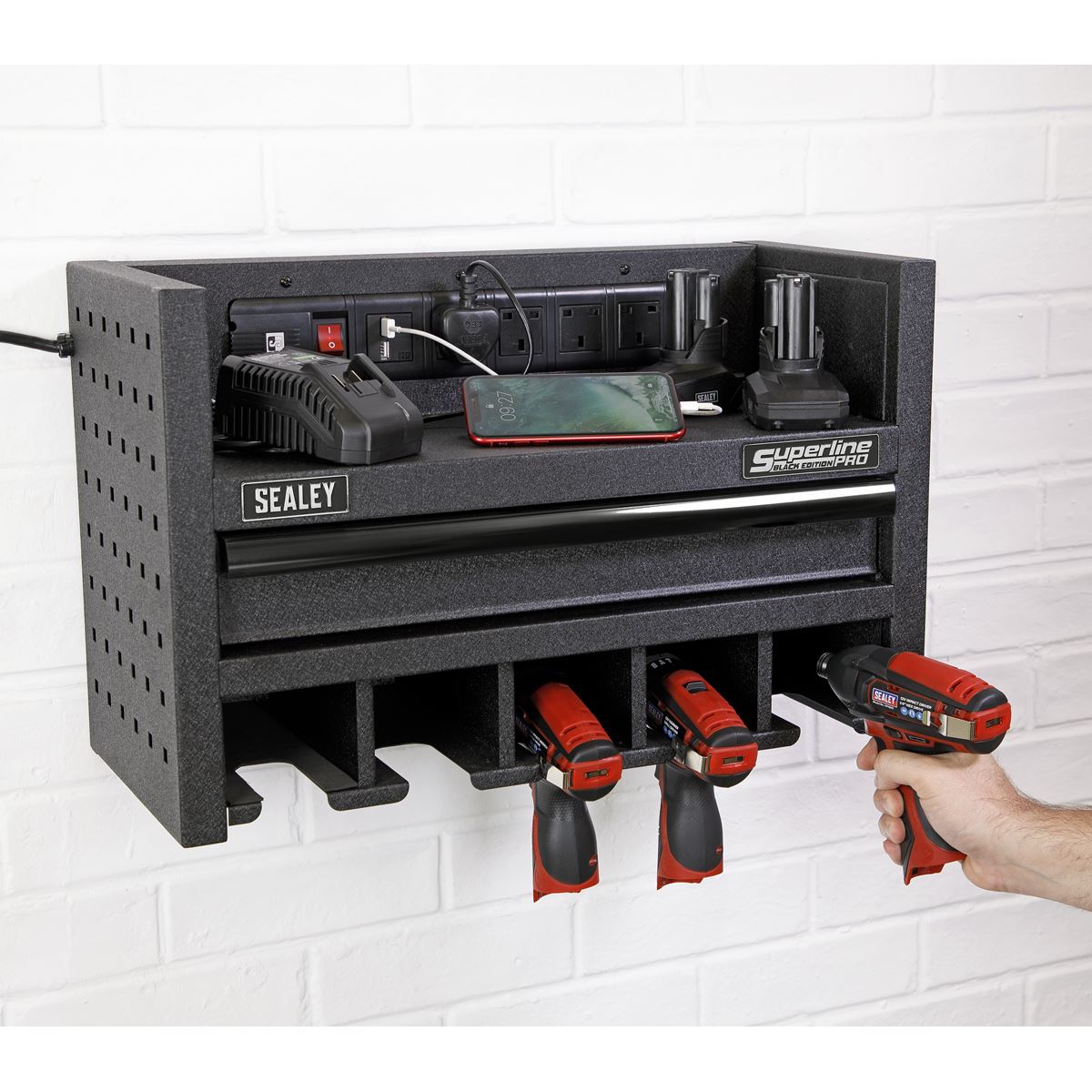 Sealey Power Tool Storage Rack with Drawer & Power Strip AP22SRBE