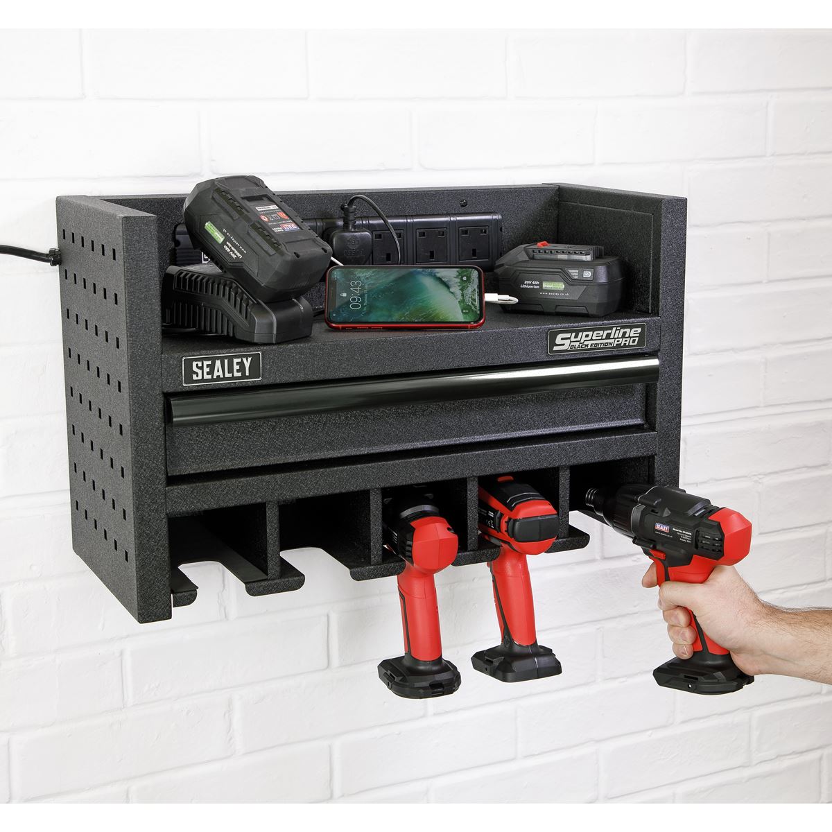 Sealey Power Tool Storage Rack with Drawer & Power Strip AP22SRBE