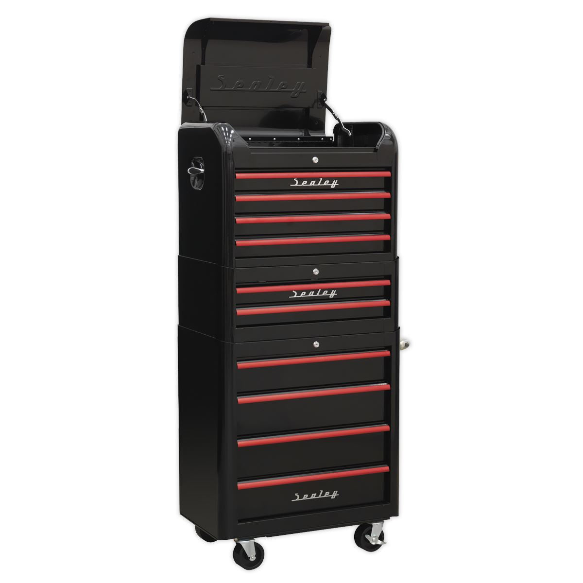 Sealey Retro Style Topchest, Mid-Box & Rollcab Combination 10 Drawer - Black with Red Anodised Drawer Pulls AP28COMBO2BR