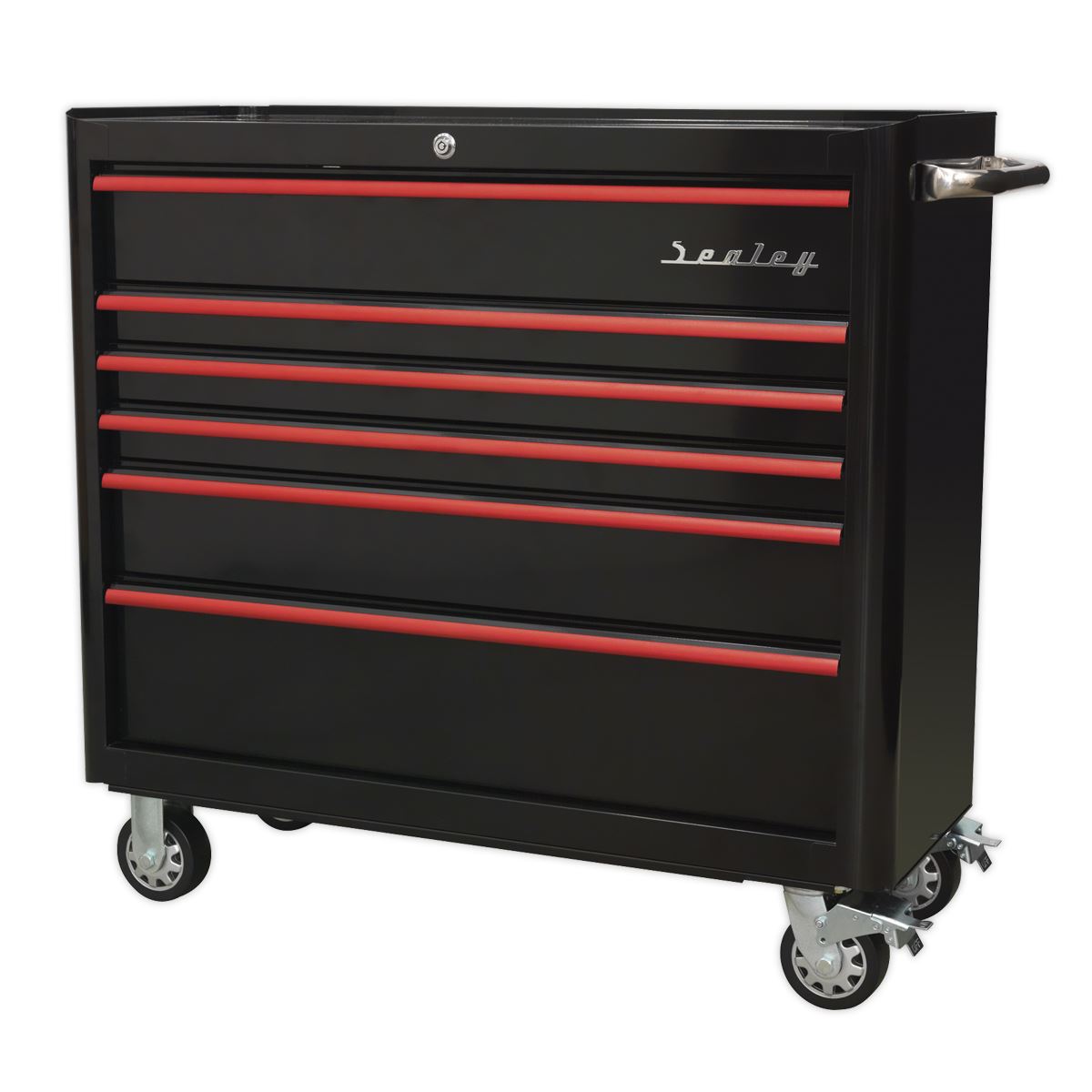 Sealey Rollcab 6 Drawer Wide Retro Style - Black with Red Anodised Drawer Pulls AP41206BR