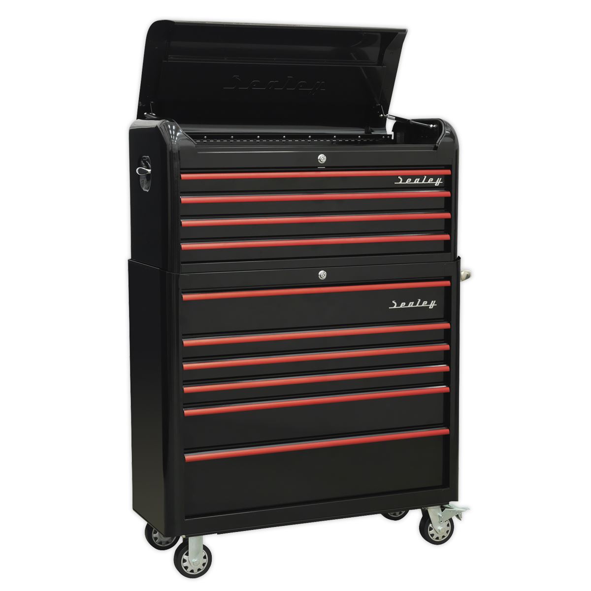 Sealey Retro Style Wide Topchest & Rollcab Combination 10 Drawer-Black with Red Anodised Drawer Pull AP41COMBOBR