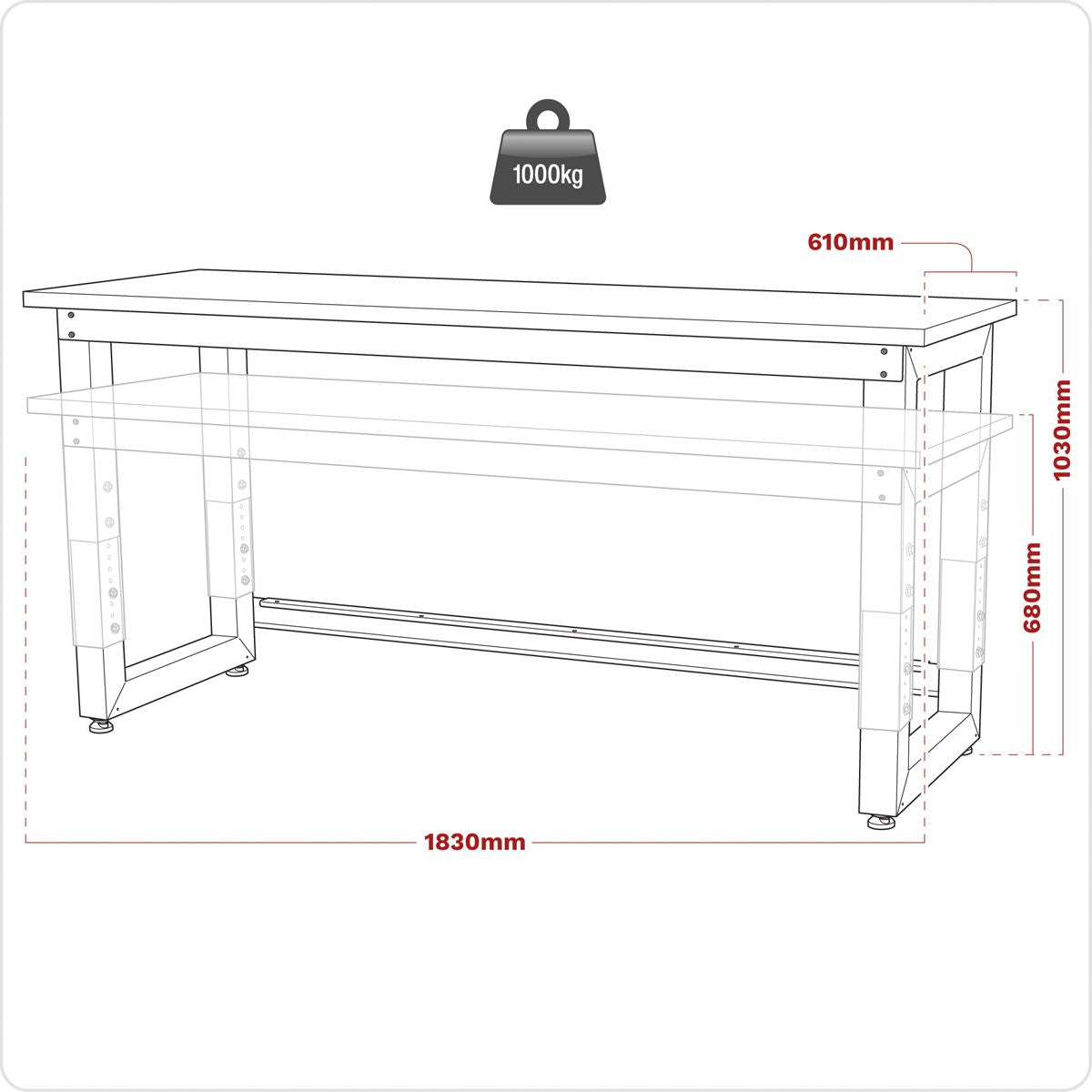 Sealey Steel Adjustable Workbench with Wooden Worktop 1830mm - Heavy-Duty APMS22