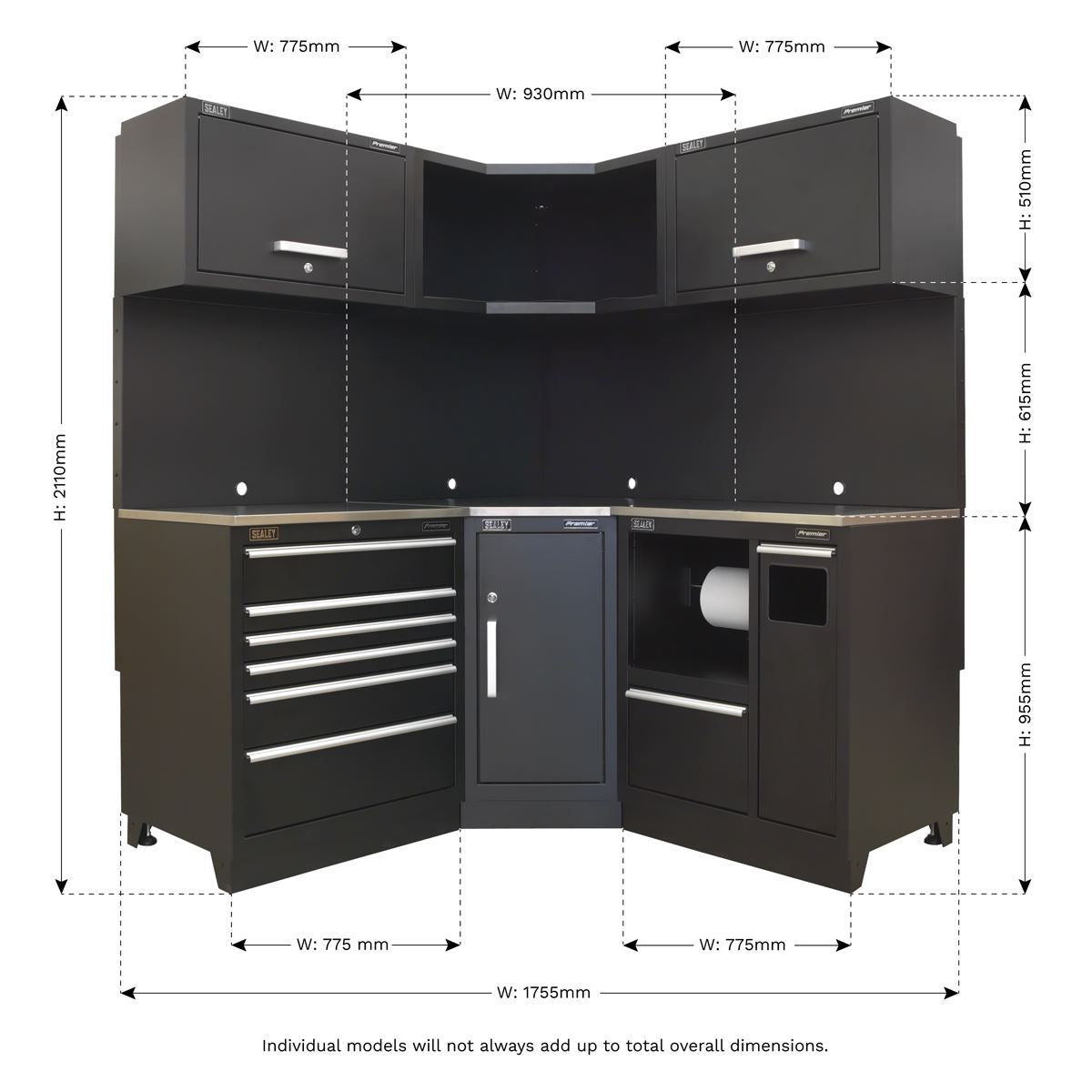 Sealey Premier 1.7m Corner Storage System - Stainless Worktop APMSCOMBO6SS