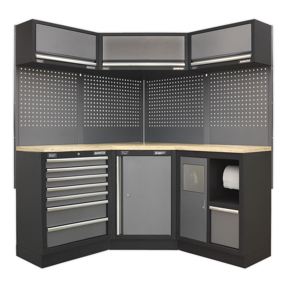Sealey Superline PRO® 1.6m Corner Storage System - Wood Worktop APMSSTACK08W