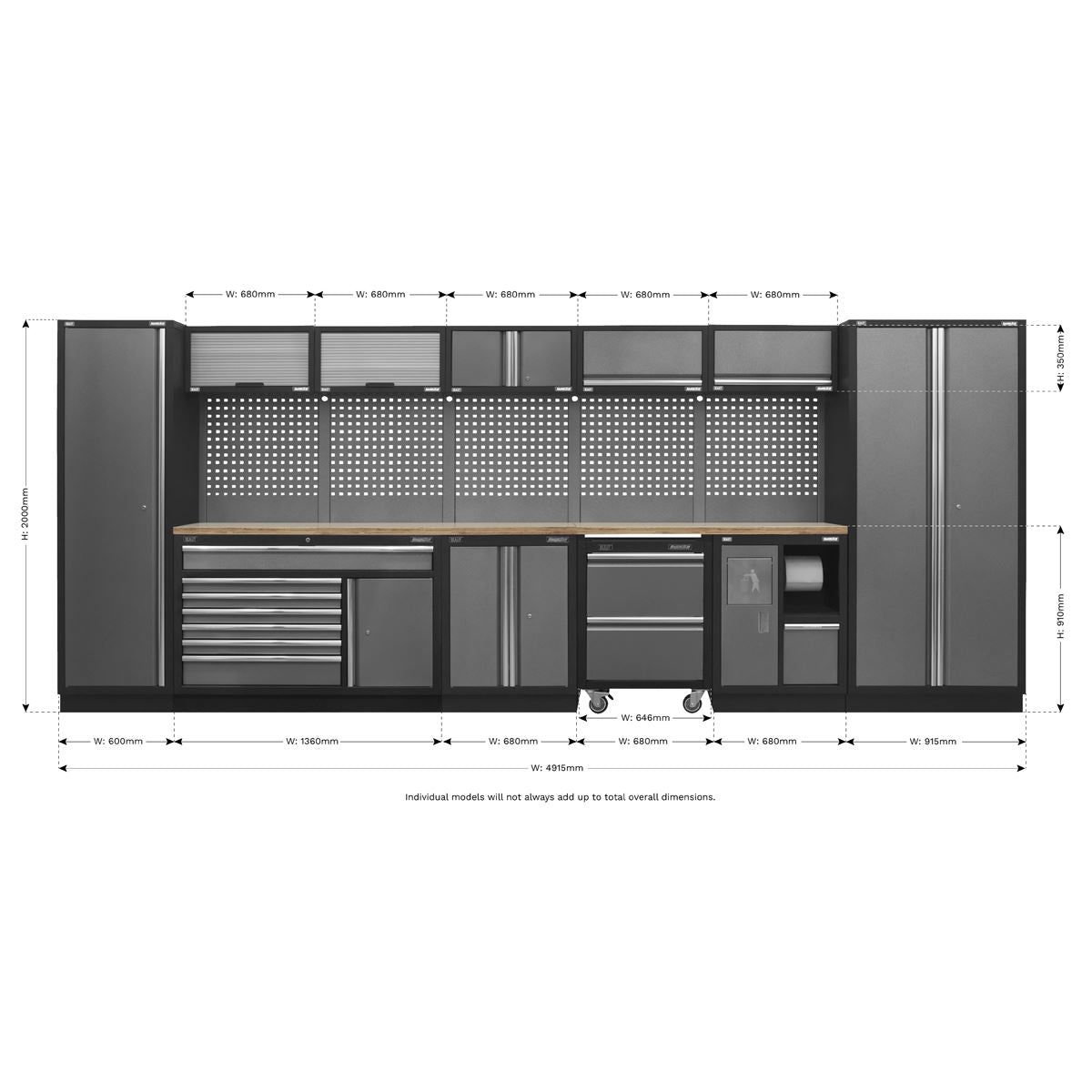 Sealey Superline PRO® 4.9m Storage System - Pressed Wood Worktop APMSSTACK15W
