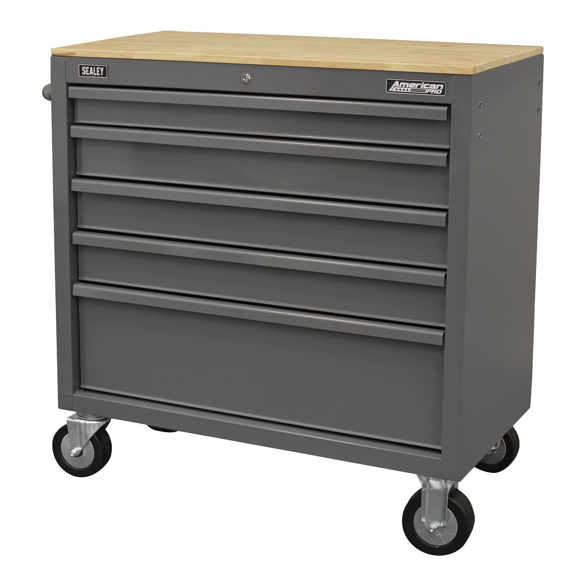 Sealey American PRO® Mobile Workstation with Wooden Worktop 5 Drawer - Grey APMWS1G