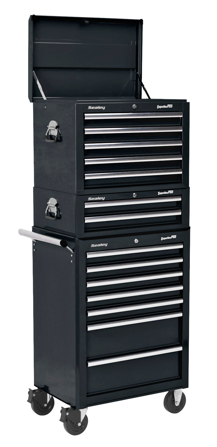 Sealey Topchest, Mid-Box & Rollcab Combination 14 Drawer with Ball-Bearing Slides - Black APSTACKTB