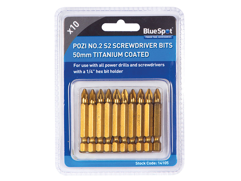 BlueSpot Tools Titanium Coated Screwdriver Bits PZ2 x 50mm (Pack 10) B/S14105