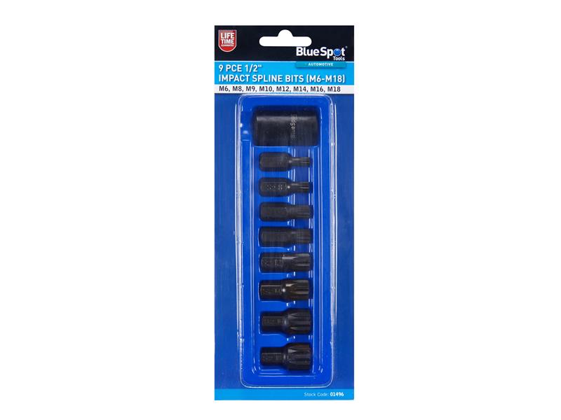 BlueSpot 1/2in Impact Spline Bit Set 9 Piece M6 To M18 B/S1496