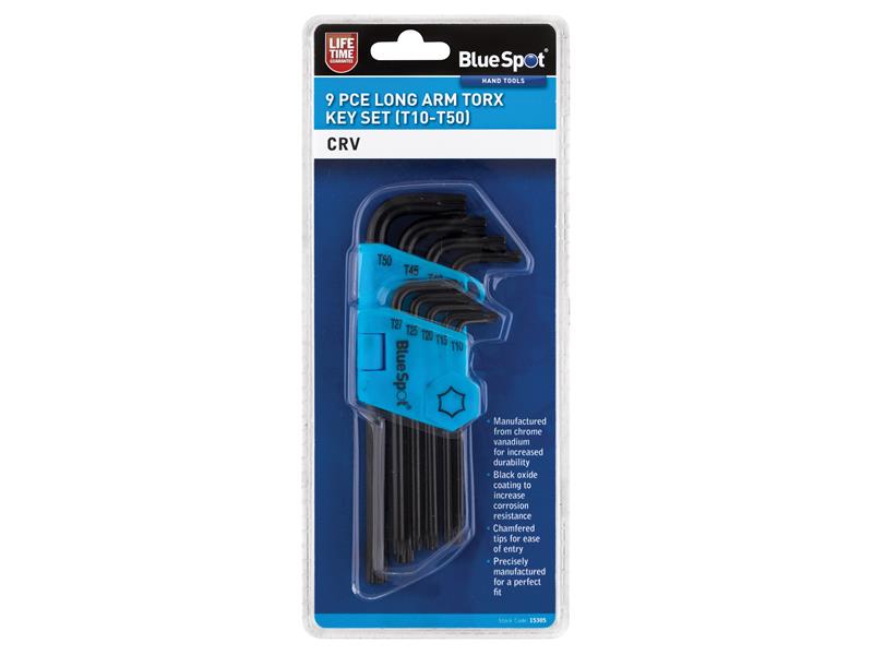 BlueSpot Tools Long Arm Ball End TORX Key Set of 9 (TX10-TX50) B/S15305
