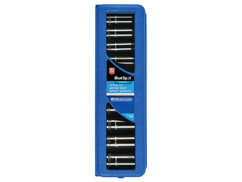 BlueSpot 1/2in Metric Deep Impact Socket Set 10 to 24mm 6 Point 10 Piece BS1536