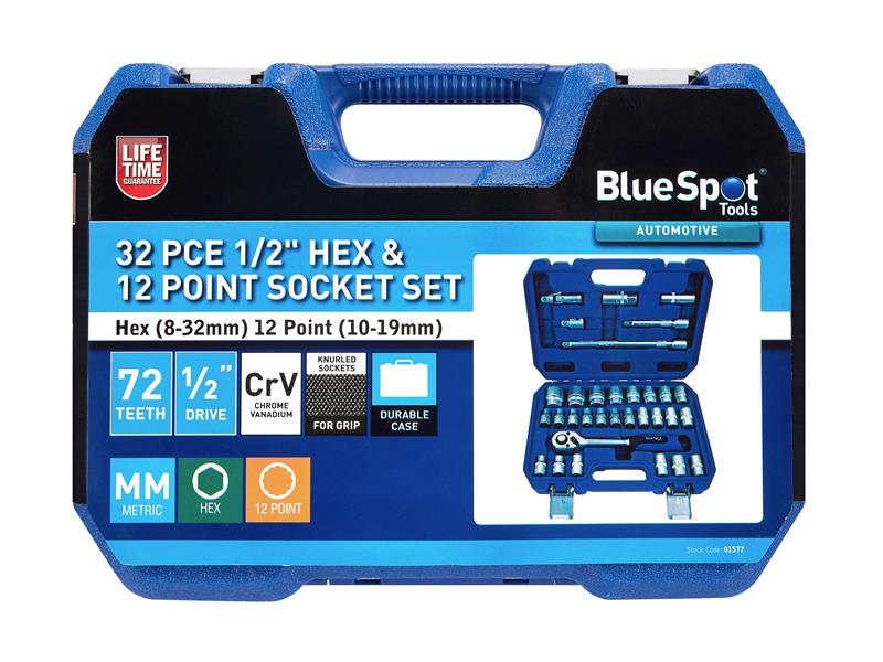 BlueSpot Tools Metric 1/2in Hex & 12 Point Socket Set 32 Piece Boxed B/S1577