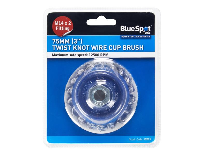 BlueSpot Twist Knot Cup Brush 75mm M14 X 2 Max Safe Speed 12500 RPM B/S19215