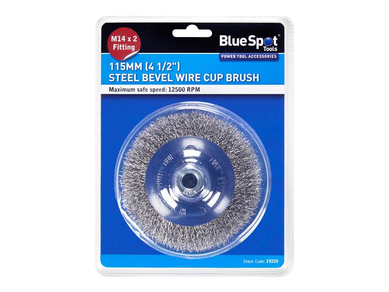 BlueSpot Tools Steel Bevel Wire Cup Brush 115mm M14 X 2 Max 12,500 RPM B/S19220