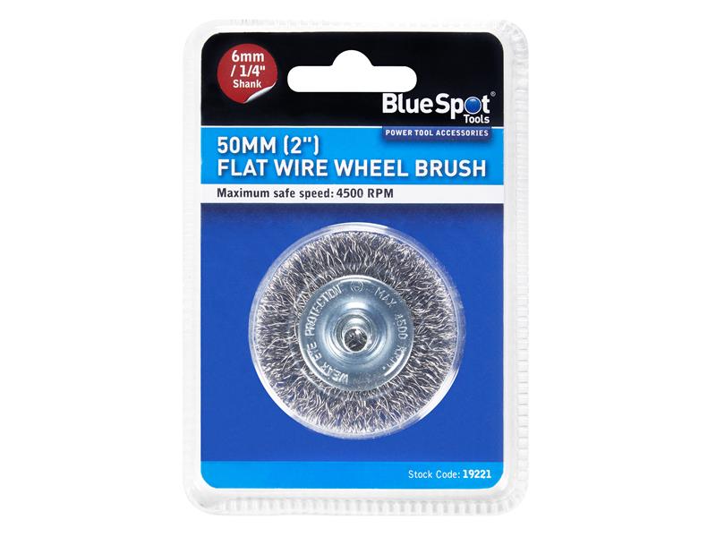 BlueSpot Flat Steel Wire Wheel Brush 50mm x 6mm Arbor 4,500 Max RPM B/S19221