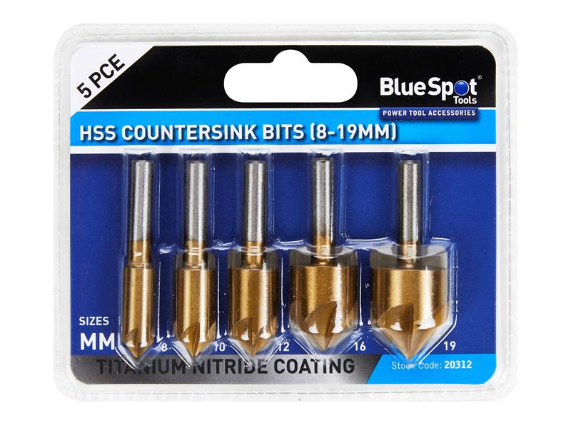 BlueSpot HSS Titanium Countersink Bit Set 5 Piece 8, 10, 12, 16, 19mm B/S20312