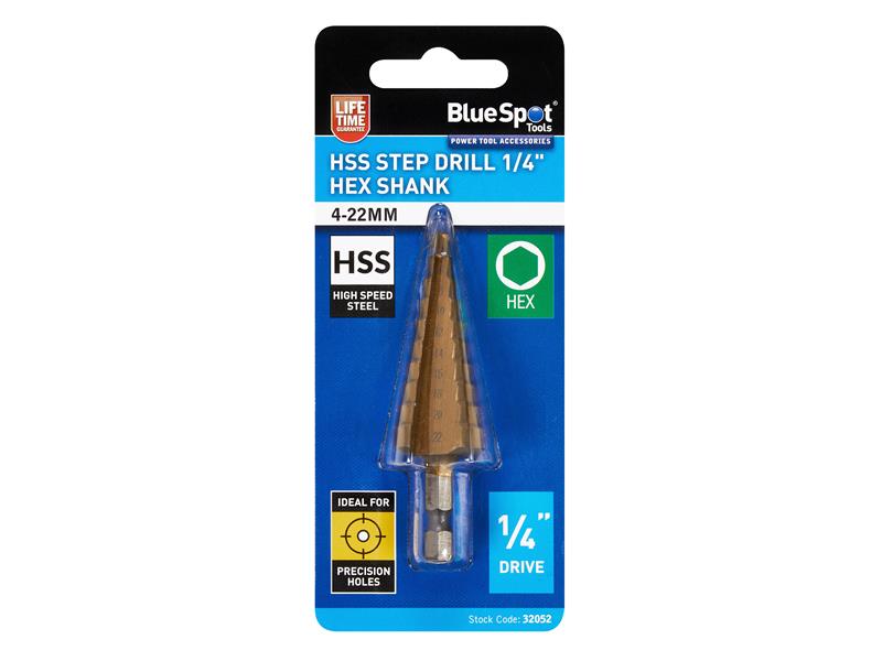 BlueSpot Step Drill 4 to 22mm HSS 1/4in Hex Shank Titanium Coated B/S32052