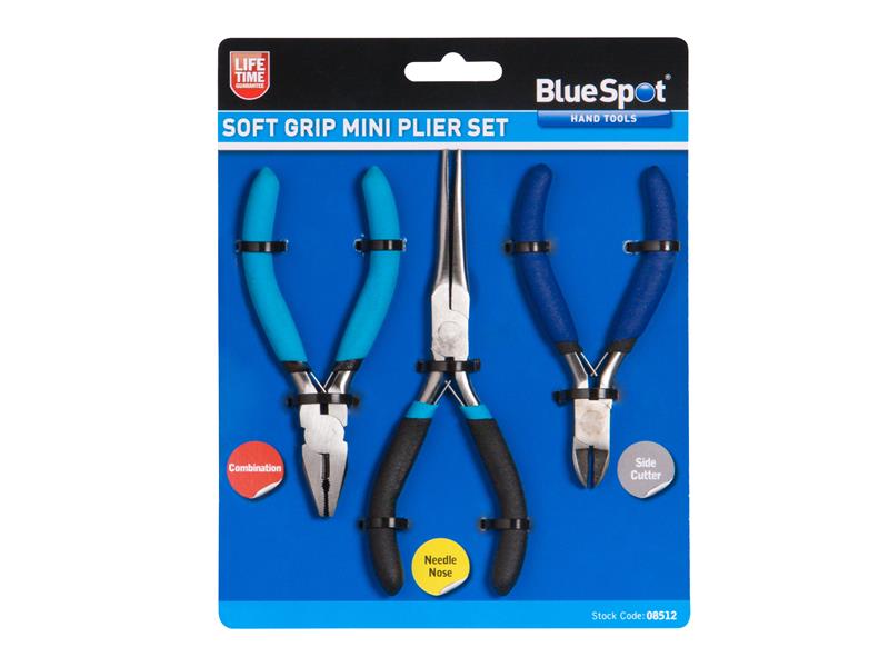 BlueSpot Soft Grip Mini Plier Set 3 Pc Needle Nose Combination Side Cut B/S8512
