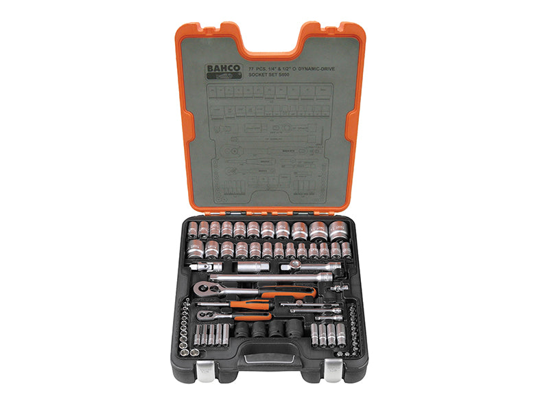 Bahco Metric Imperial Socket Set 1/4 & 1/2in Drive Single Hex 77 Piece S800