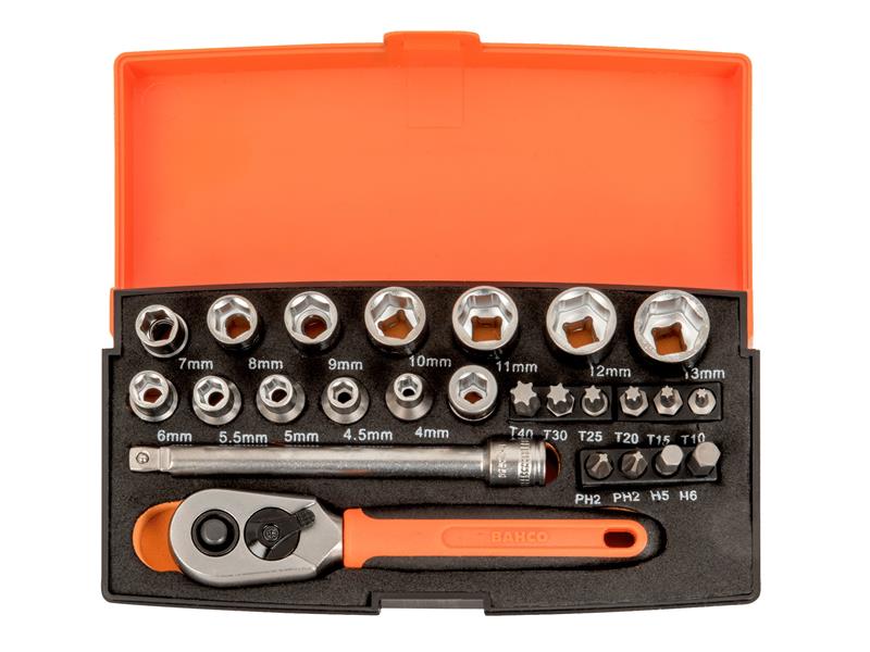 Bahco 1/4in Drive Metric Socket And Bit Set 25 Piece Single Hex Chrome SL25
