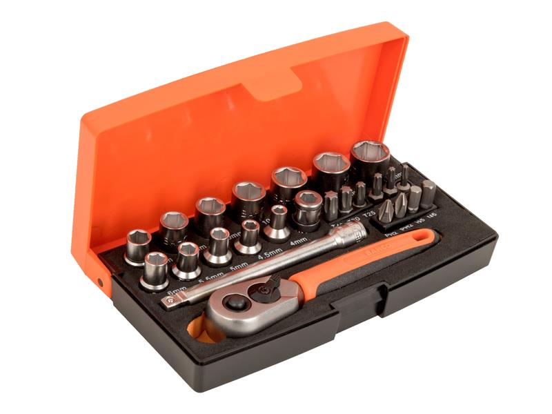 Bahco 1/4in Drive Metric Socket And Bit Set 25 Piece Single Hex Chrome SL25